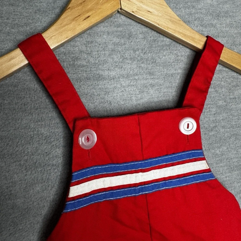 Vintage Baby Boy Red Jon Jon Romper Shortall Red Blue Stripe‎ Size 18 M 2T 3T